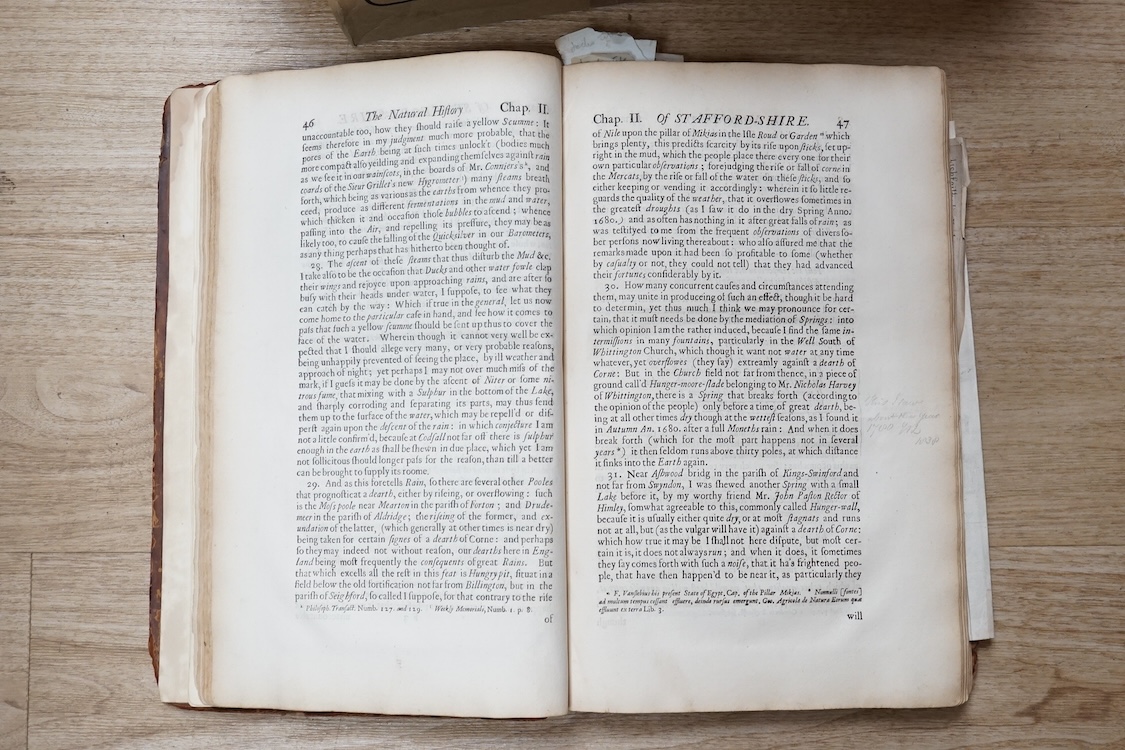 Plot, Robert, the natural history of Staffordshire. Engraved plates, old leather, folio. Oxford, 1686 and other books, mostly leather bound